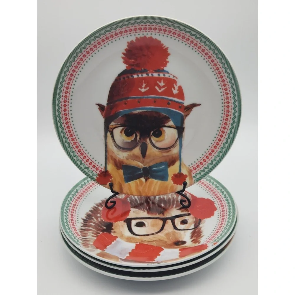 Ciroa Celebrate Holiday Christmas Winter Forest Animal 4 Salad Dessert Plates 8